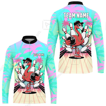 Custom Bowling Jersey Polo Shirt, Sunset Lanes Flamingo, Custom Bowling Jersey Team Shirt For Players With Name and Team Name
