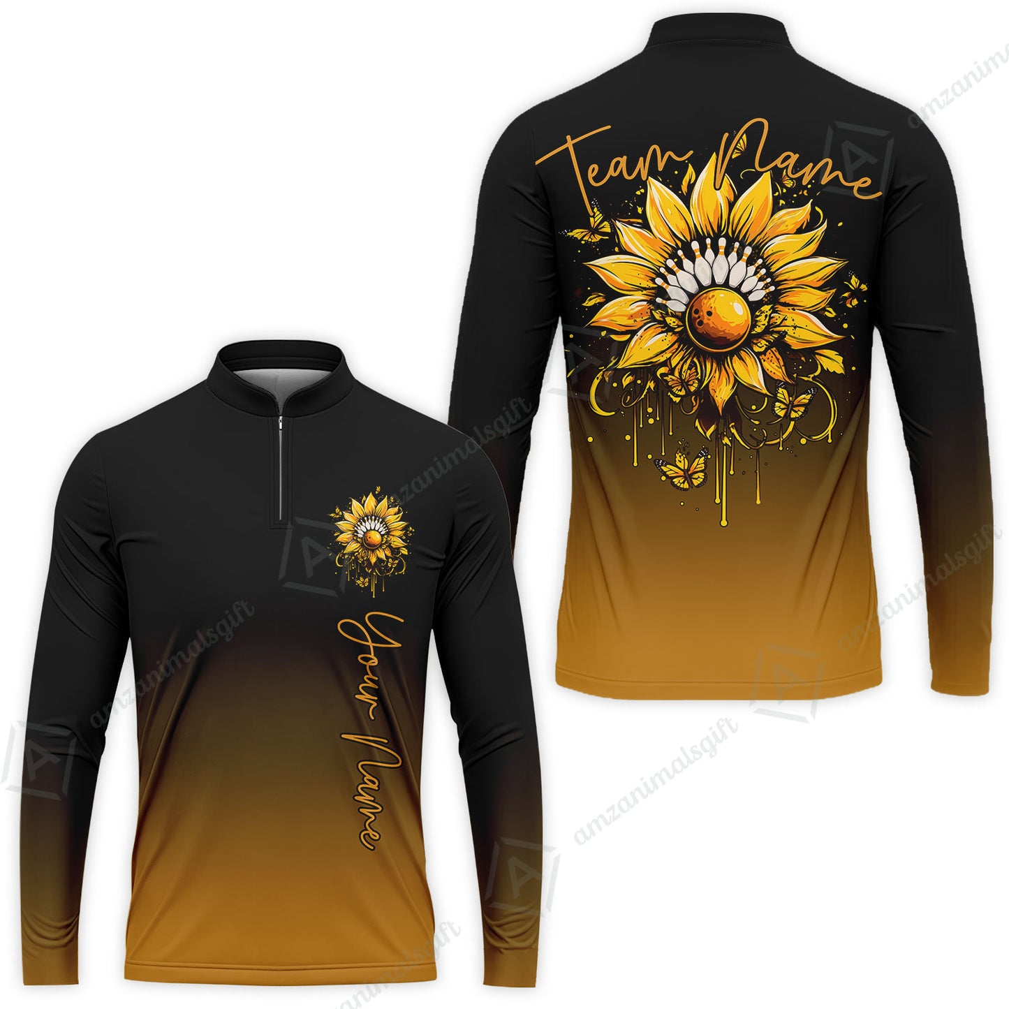 Custom Bowling Jersey Polo Shirt, Sunflower Bowling Pin Gradient Background, Custom Bowling Jersey Team Shirt For Players With Name and Team Name