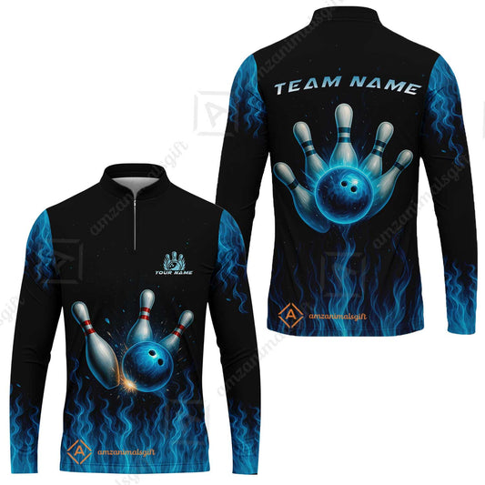 Customized Bowling Long Sleeve Jersey Shirt, Intense Blue Flame Strike Long Sleeve Jersey Shirt For Bowling Team, Bowlers