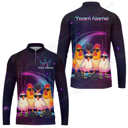 Custom Bowling Jersey Polo Shirt, Funny Cool Chickens Neon Cosmic, Custom Bowling Jersey Team Shirt For Players With Name & Team Name