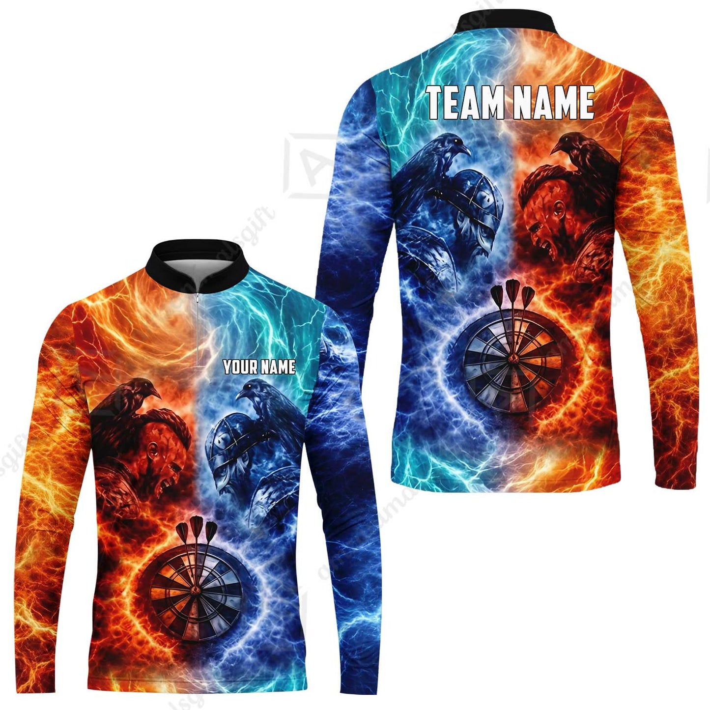 Custom Darts Team Jersey, Personalized Fire Ice Raven Darts Polo Shirt For Players With Name & Team Name
