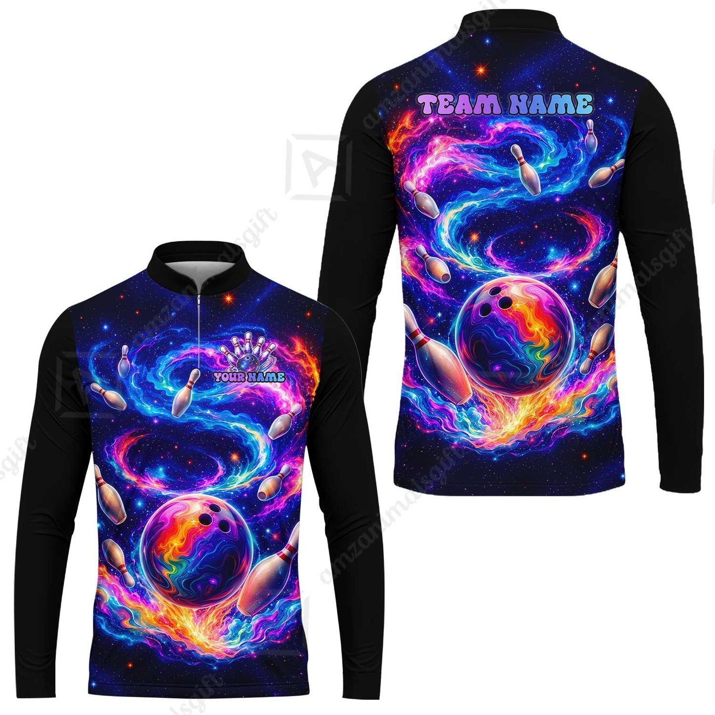 Custom Bowling Jersey Polo Shirt, Galaxy Bowling World, Personalized Name And Team Name