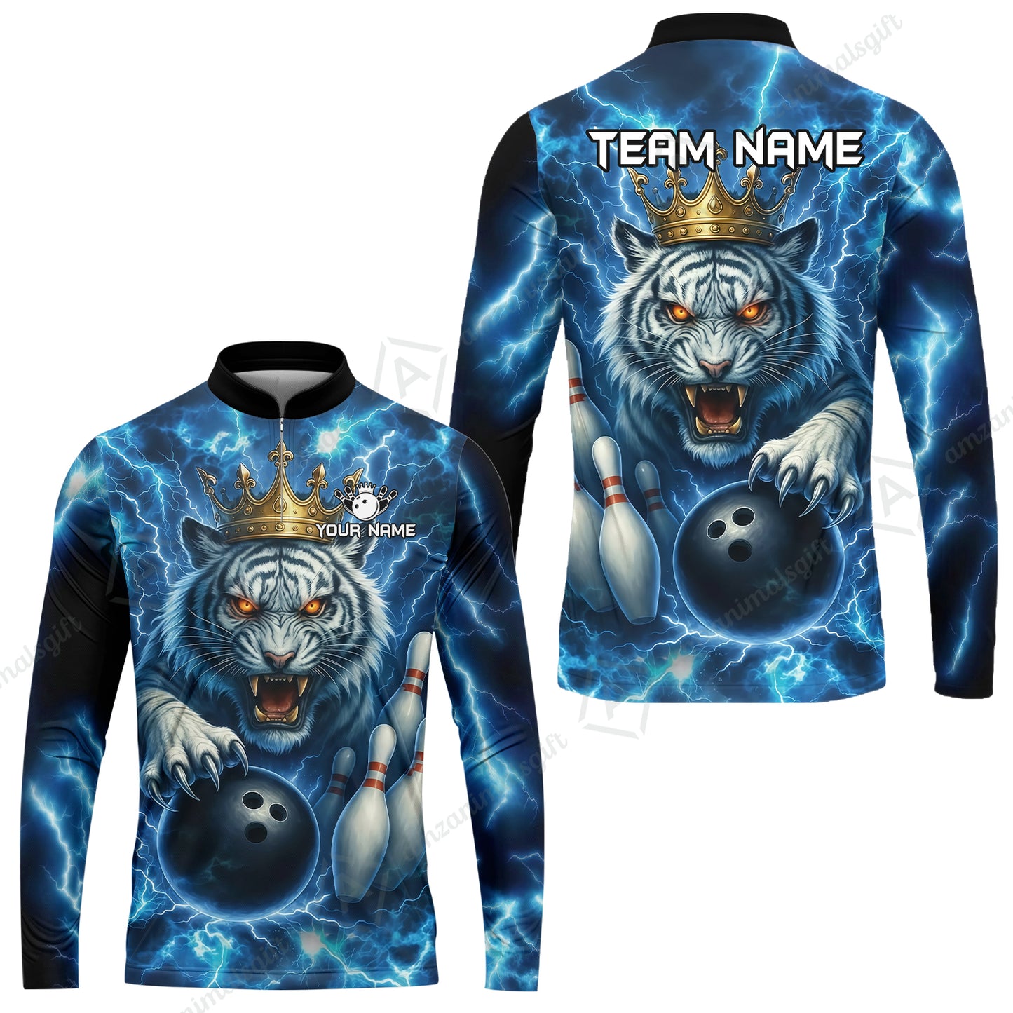 Custom Bowling Team Quarter-Zip Polo Shirt, Bowling White Tiger Lighting Shirt, Personalized Team Shirt with Custom Name