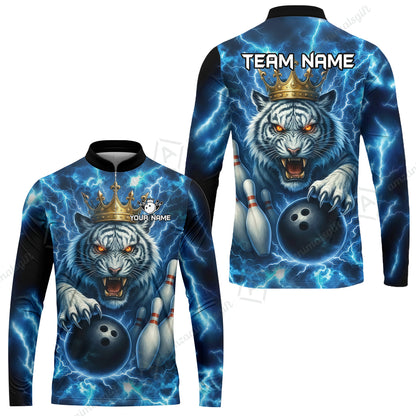 Custom Bowling Team Quarter-Zip Polo Shirt, Bowling White Tiger Lighting Shirt, Personalized Team Shirt with Custom Name