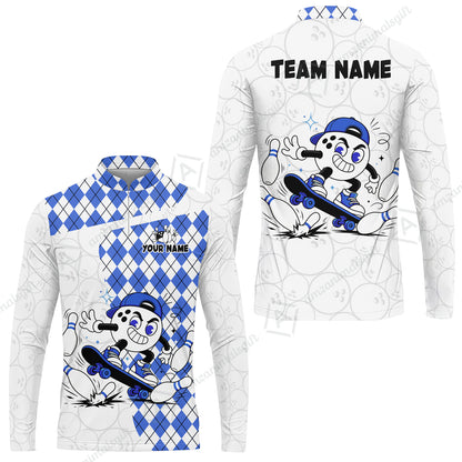Custom Bowling Jersey Polo Shirt, Skateboarder Bowling Ball Mascot, Custom Bowling Jersey Team Shirt For Players With Name and Team Name