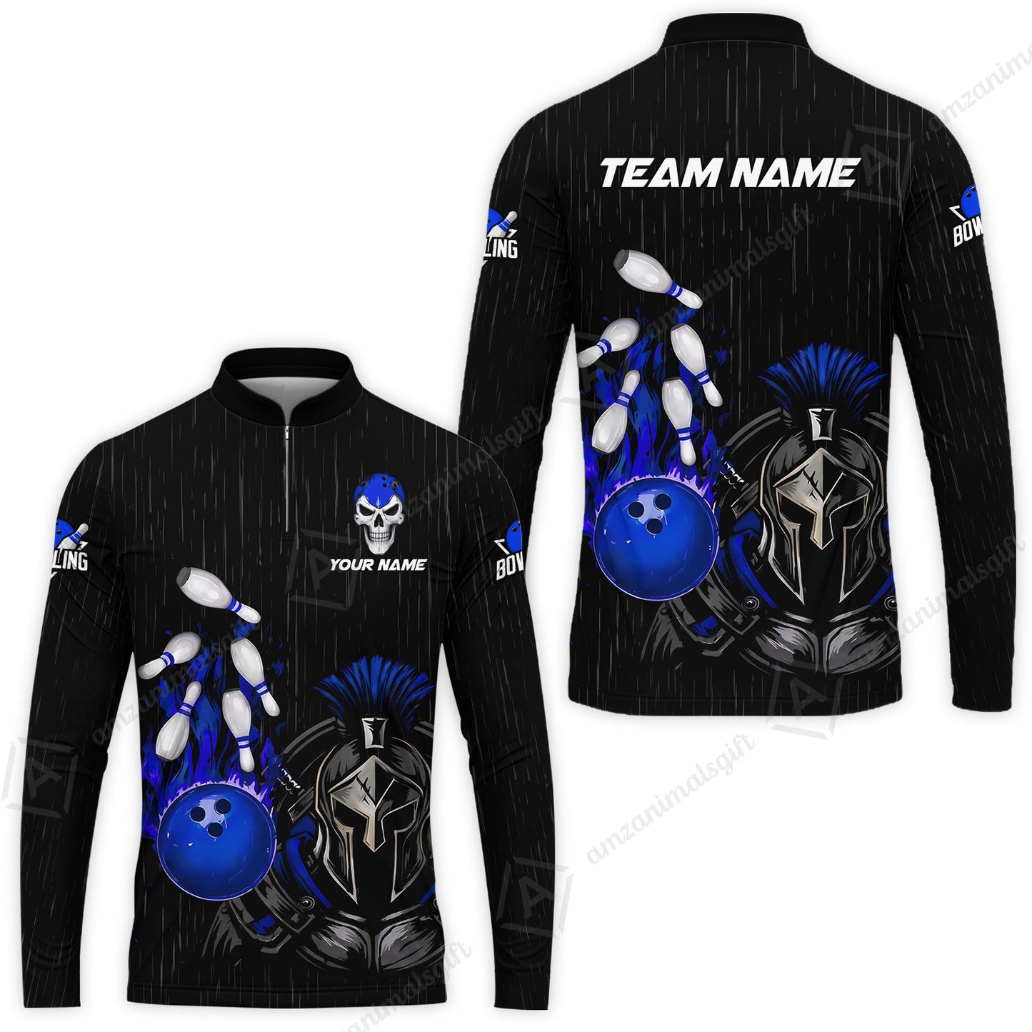 Custom Bowling Jersey Polo Shirt, Fire Bowling Knight Rain Skull Logo, Personalize Name & Team Name