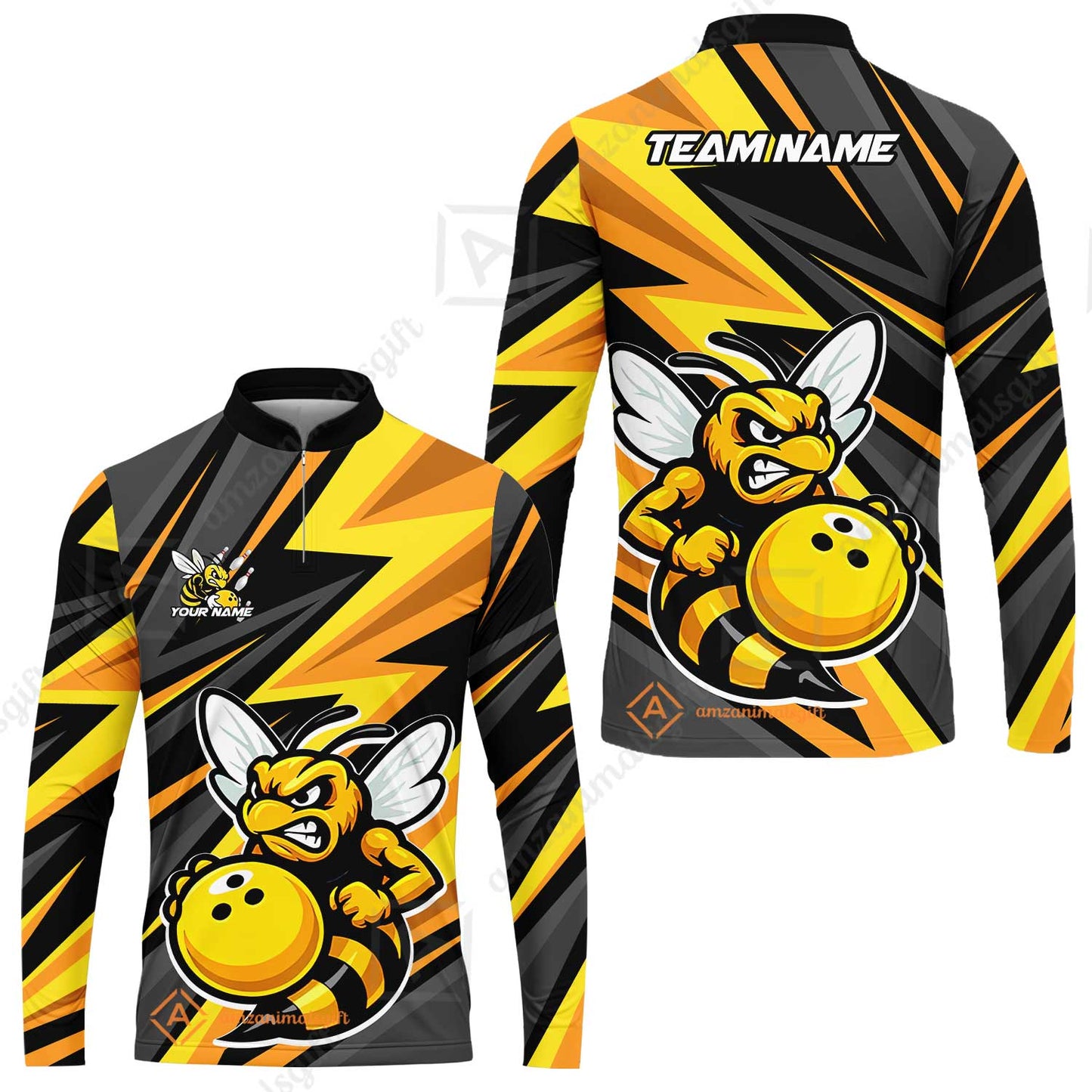 Custom Bowling Team Jersey, Bowling Angry Bee Yellow Strike  Polo Quarter-Zip Shirts, Bowling Uniforms Jerseys, Custom Name And Team Name