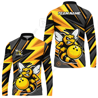 Custom Bowling Team Jersey, Bowling Angry Bee Yellow Strike  Polo Quarter-Zip Shirts, Bowling Uniforms Jerseys, Custom Name And Team Name