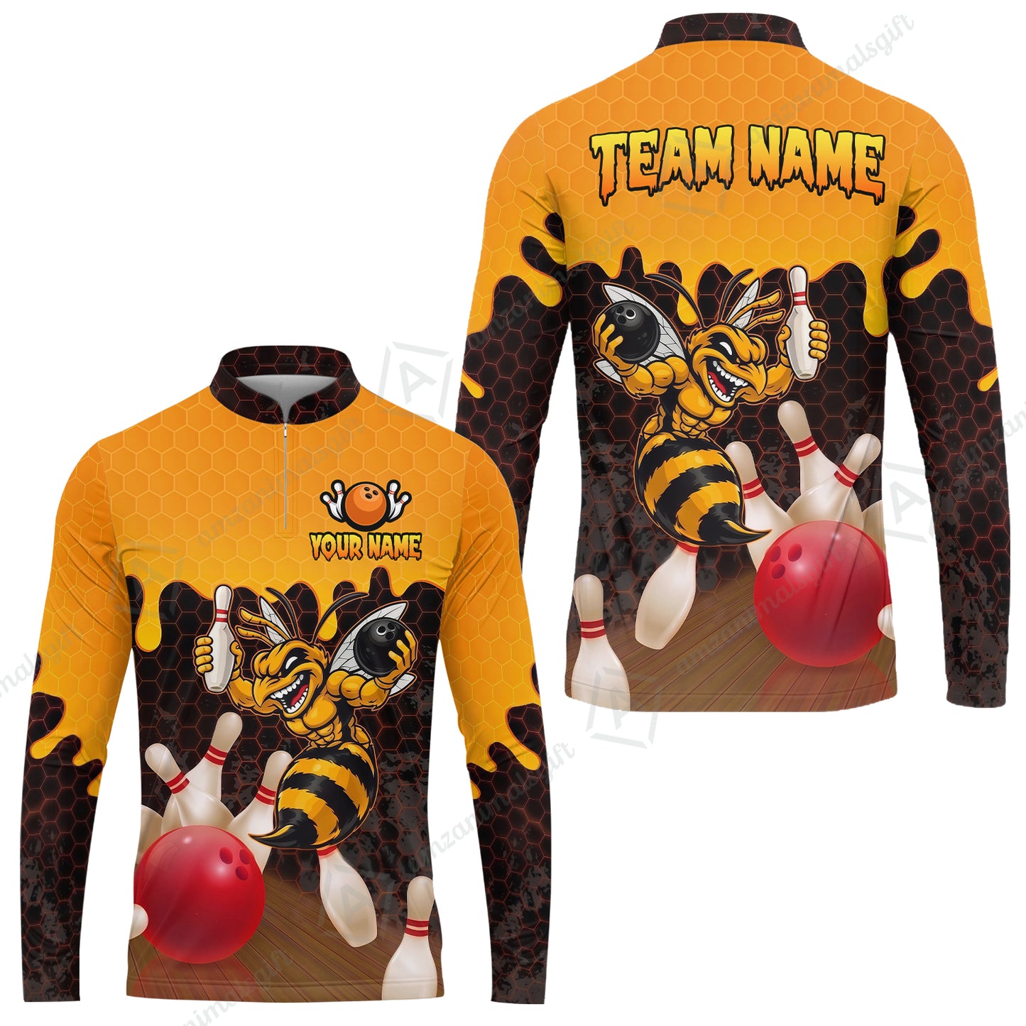 Custom Bowling Jersey Polo Shirt, Aggressive Hornet Honeycomb Drip, Custom Bowling Jersey Team Shirt For Players With Name and Team Name