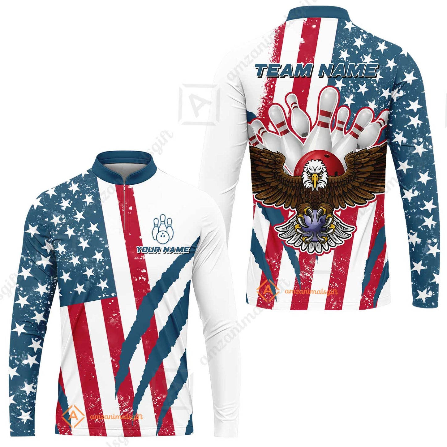 Customized Patriotic Bowling Long Sleeve Jersey, American Flag & Eagle Claw-mark Long Sleeve Jersey, Perfect For Bowling Team