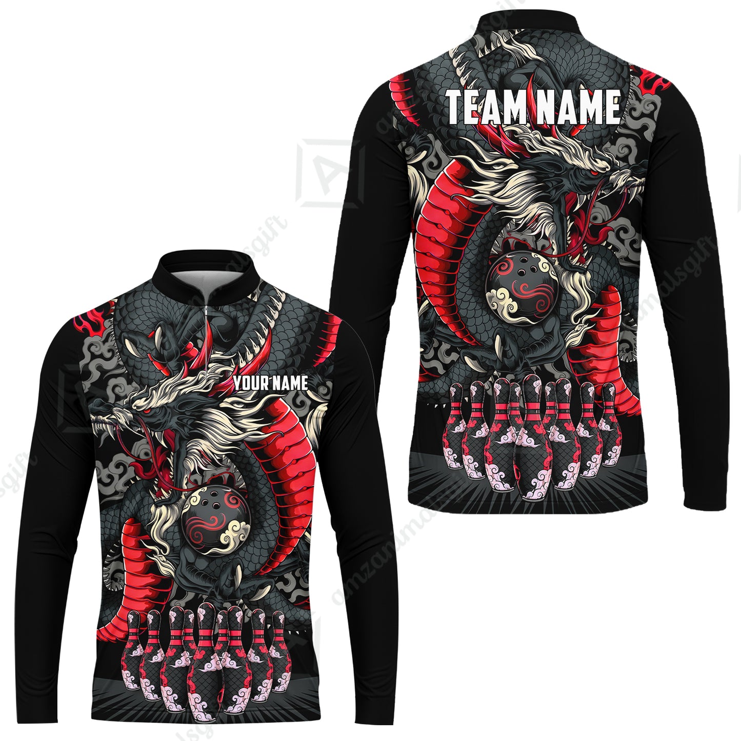 Custom Bowling Jersey Polo Shirt, Oriental Jade Dragon & Classic Clouds, Custom Bowling Jersey Team Shirt For Players With Name & Team Name