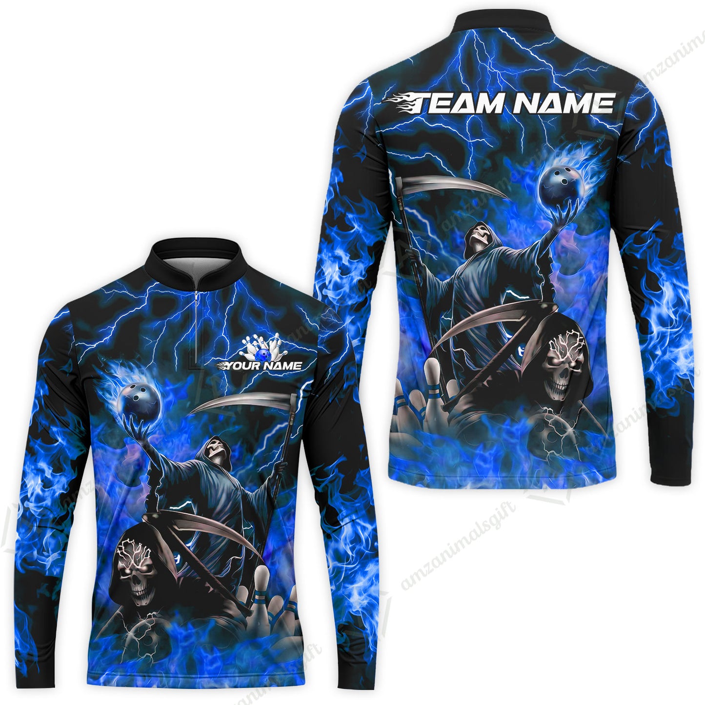 Custom Bowling Team Quarter-Zip Polo Shirt, Grim Reaper Skull With Flame Bowling Lightning Design for Bowlers, Personalized Shirt with Name and Team Name