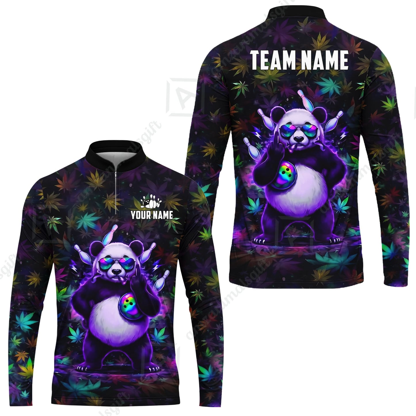 Custom Bowling Jersey Polo Shirt, Badass Stoner Panda & Psychedelic Leaves, Custom Bowling Jersey Team Shirt For Players With Name & Team Name