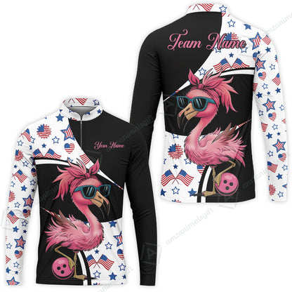 Custom Flamingo America Flag Bowling Jersey Polo Shirt, Custom Flamingo America Flag Bowling Jersey Team Shirt For Players With Name & Team Name