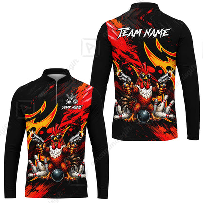 Custom Bowling Jersey Polo Shirt, Rooster With Gun, Custom Bowling Jersey Team Shirt For Players With Name and Team Name