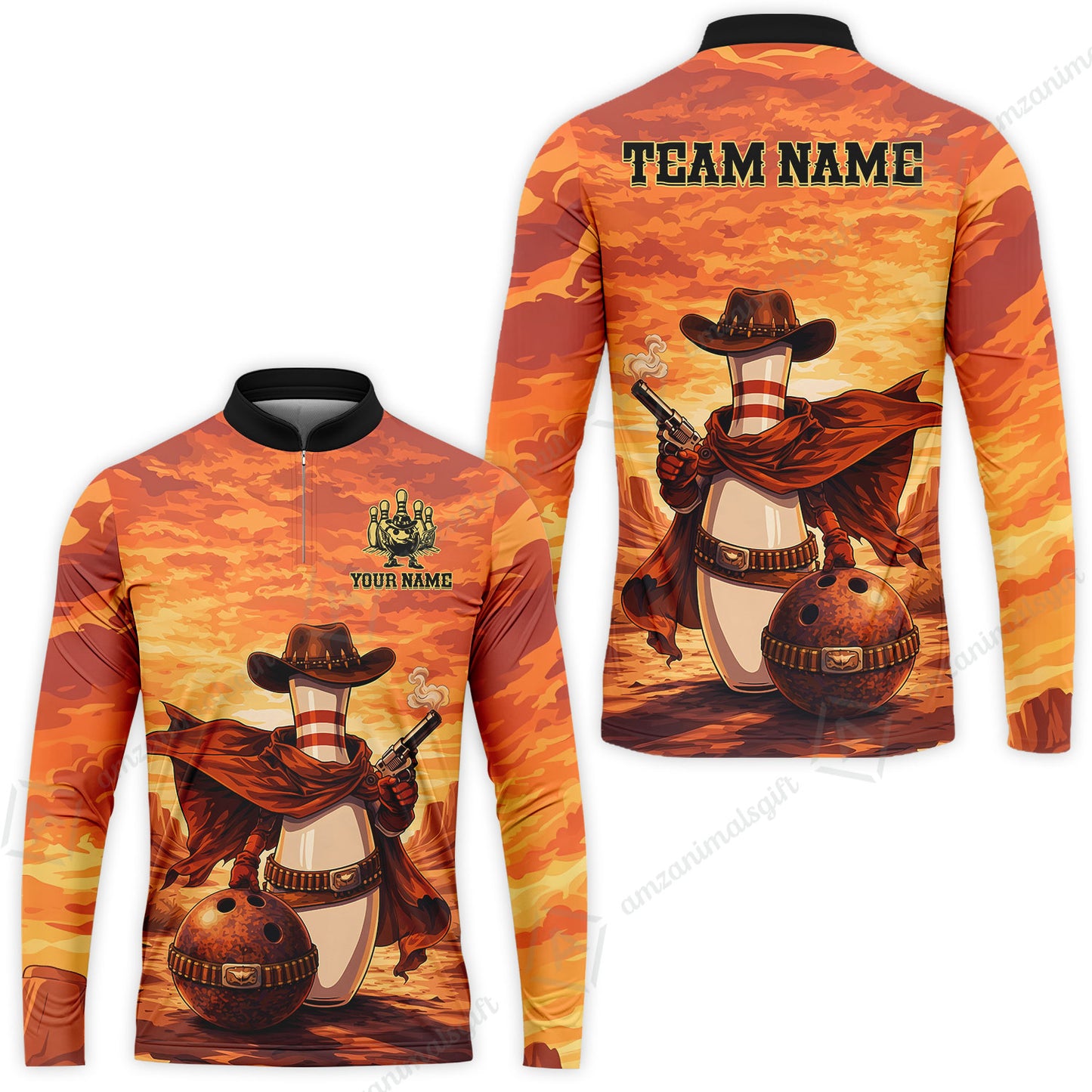 Custom Bowling Jersey Polo Shirt, Pin Cowboy Bowling Sunset, Custom Bowling Jersey Team Shirt For Players With Name and Team Name