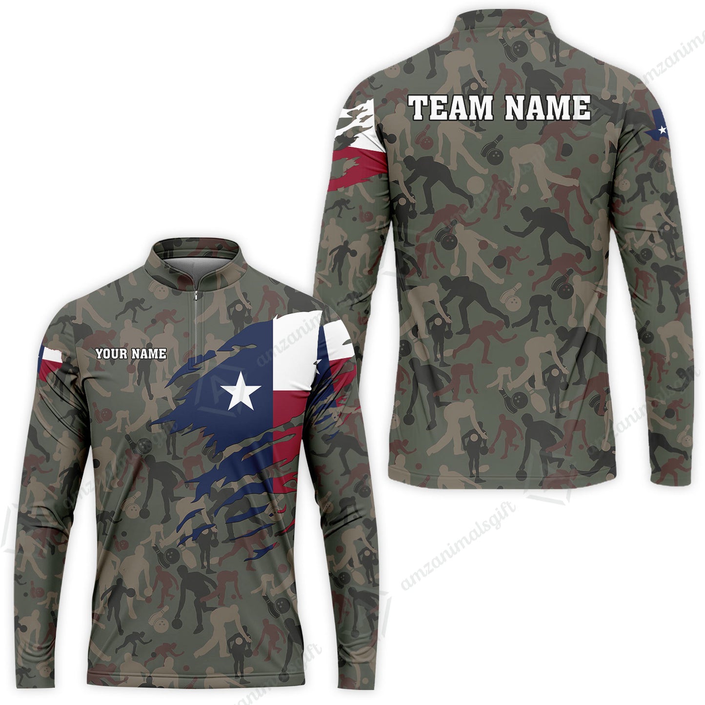 Custom Bowling Jersey Polo Shirt, Texas Flag Woodland Green Camouflage, Custom Bowling Jersey Team Shirt For Players With Name and Team Name