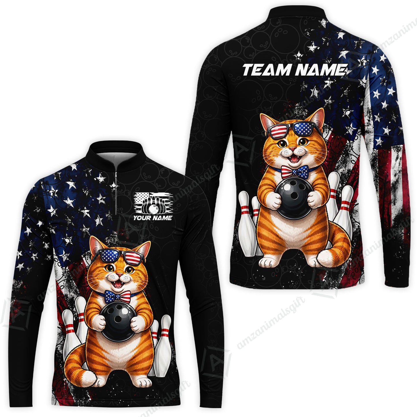 Custom Bowling Jersey Polo Shirt, Cat With Glasses And Bow Tie Bowling Pattern America Flag, Personalize Name and Team Name