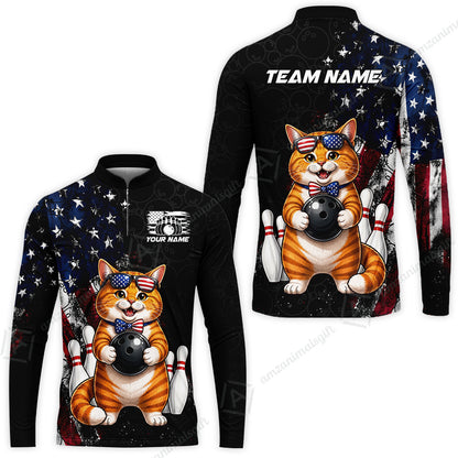 Custom Bowling Jersey Polo Shirt, Cat With Glasses And Bow Tie Bowling Pattern America Flag, Personalize Name and Team Name