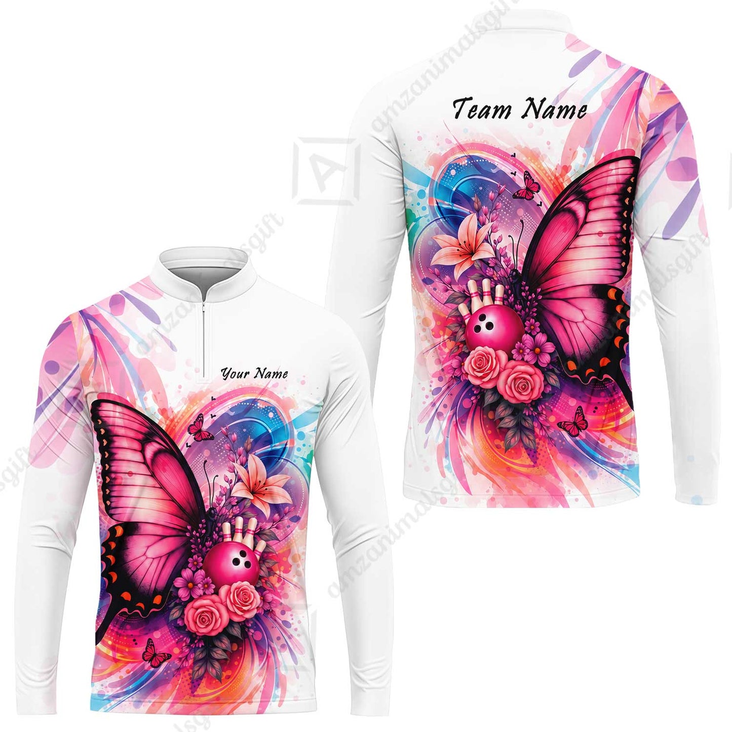 Custom Bowling Jersey Polo Shirt, Watercolor Pink Butterfly Bloom, Custom Bowling Jersey Team Shirt For Players With Name and Team Name
