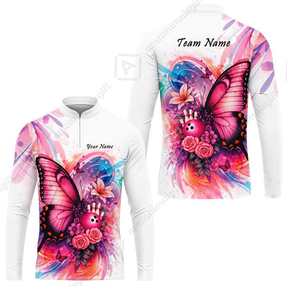 Custom Bowling Jersey Polo Shirt, Watercolor Pink Butterfly Bloom, Custom Bowling Jersey Team Shirt For Players With Name and Team Name