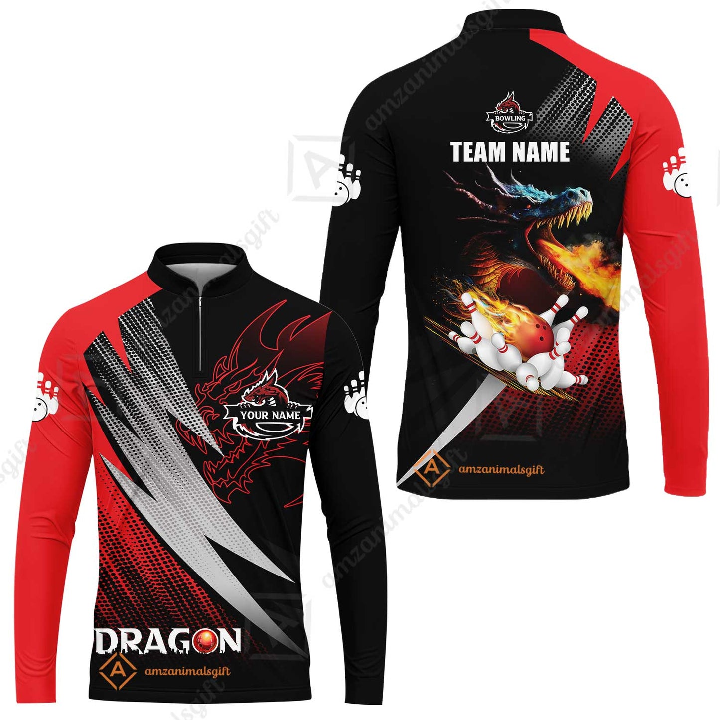 Customized Bowling Jersey Shirt, Personalized Name Dragon Team Red Bowling Ball On Fire Polo Shirt For Men - Perfect Gift For Bowling Lovers