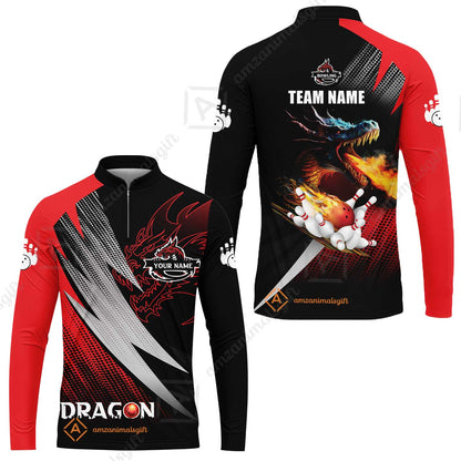 Customized Bowling Jersey Shirt, Personalized Name Dragon Team Red Bowling Ball On Fire Polo Shirt For Men - Perfect Gift For Bowling Lovers