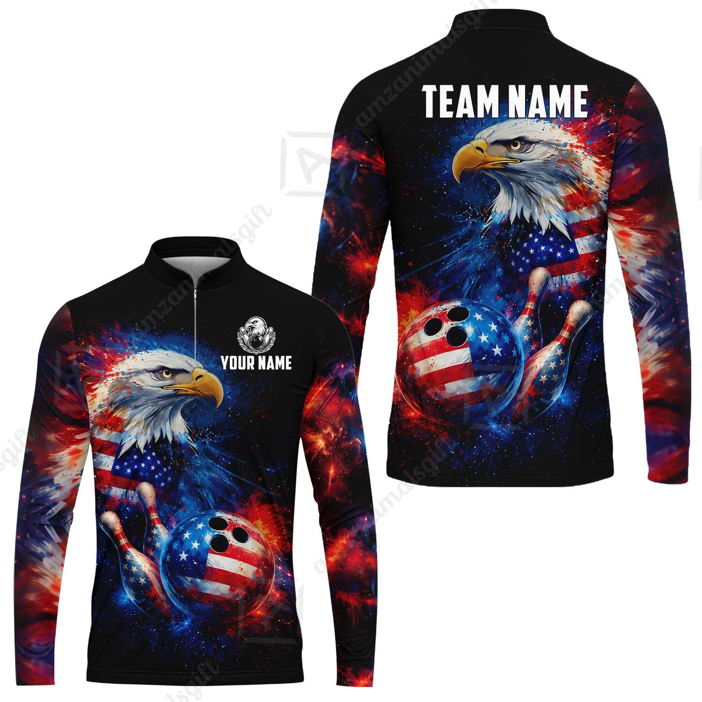 Customized Patriotic Galaxy Eagle Strike Bowling Jersey, Custom Name And Team Name For Bowlers