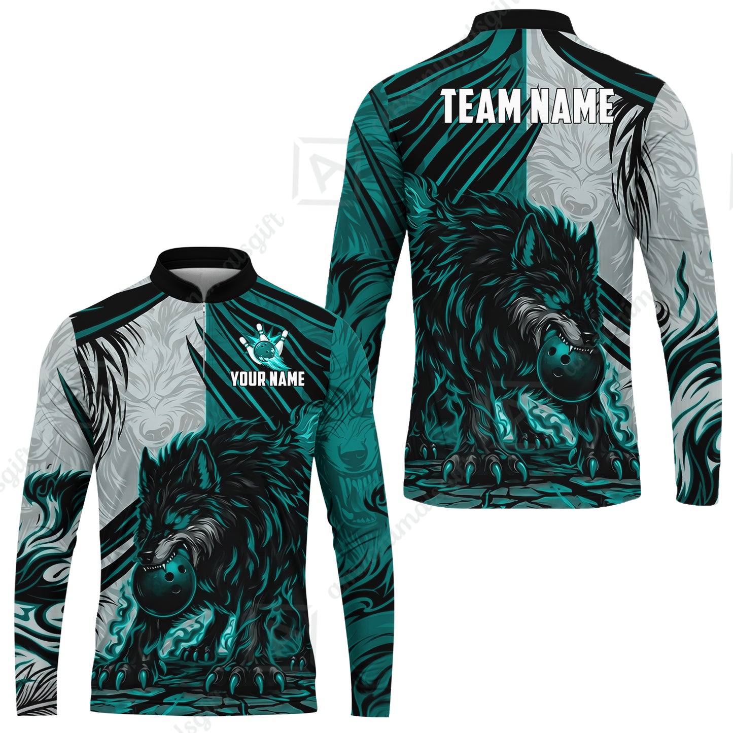 Custom Bowling Jersey Polo Shirt, Lone Wolf Strike & Emerald Frost, Custom Bowling Jersey Team Shirt For Players With Name & Team Name