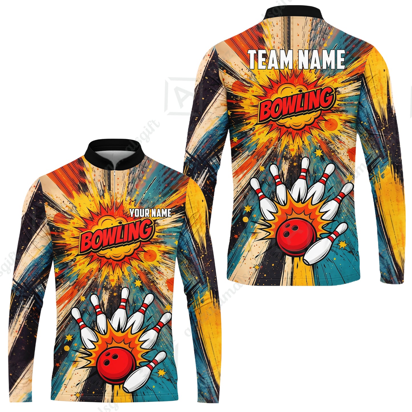 Custom Bowling Jersey Polo Shirt, Retro Comic Book Explosion, Custom Bowling Jersey Team Shirt For Players With Name and Team Name