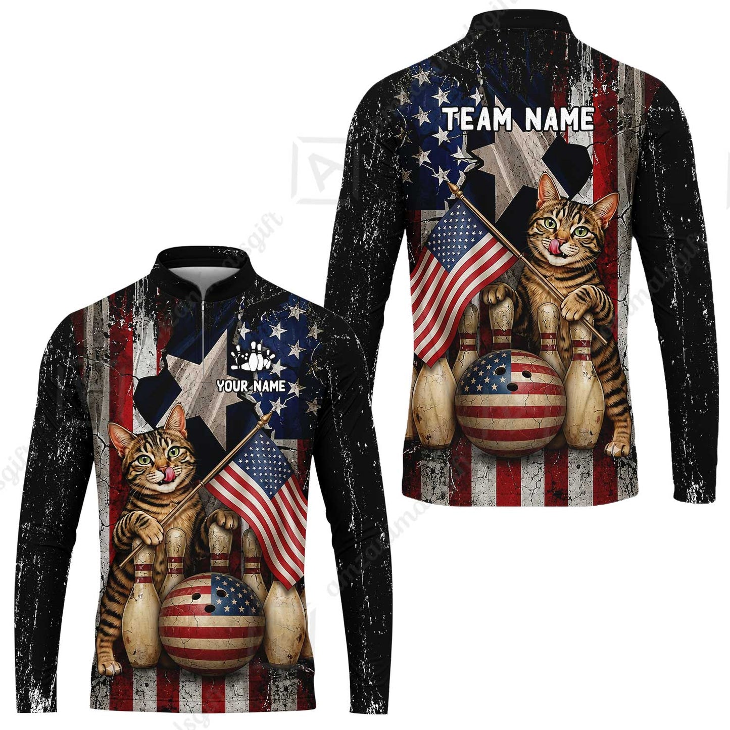 Custom Bowling Jersey Polo Shirt, American Flag and Alley Cats, Custom Bowling Jersey Team Shirt For Players With Name and Team Name