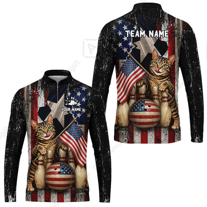 Custom Bowling Jersey Polo Shirt, American Flag and Alley Cats, Custom Bowling Jersey Team Shirt For Players With Name and Team Name