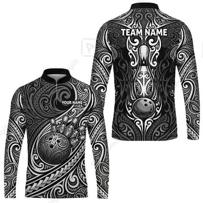 Custom Bowling Jersey Polo Shirt, Intricate Monochrome Tribal Spirit Bowling, Custom Bowling Jersey Team Shirt For Players With Name and Team Name