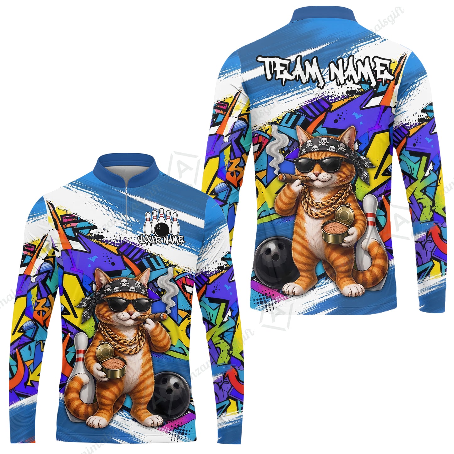 Custom Bowling Jersey Polo Shirt, Cat Graffiti Bowling, Personalize Name and Team Name