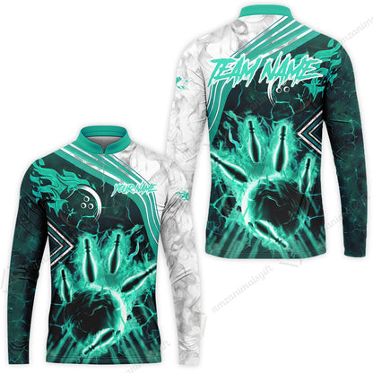 Customized Bowling Unisex Polo Shirt, Fire & Smoke Bowling Pins, Bowling Uniform - Personalized Name And Team Name