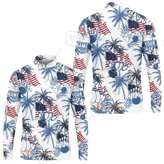 Customized Tropical American-style Bowling Long Sleeve Jersey With Palm Trees, Flags - Perfect For Summer Bowling Vibes