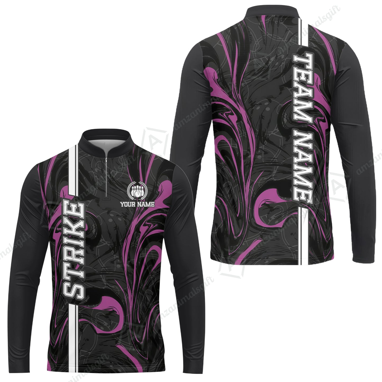 Customized Bowling Unisex Polo Shirt, Bowling Black And Pink Marble Art, Bowling Uniform - Personalized Name And Team Name