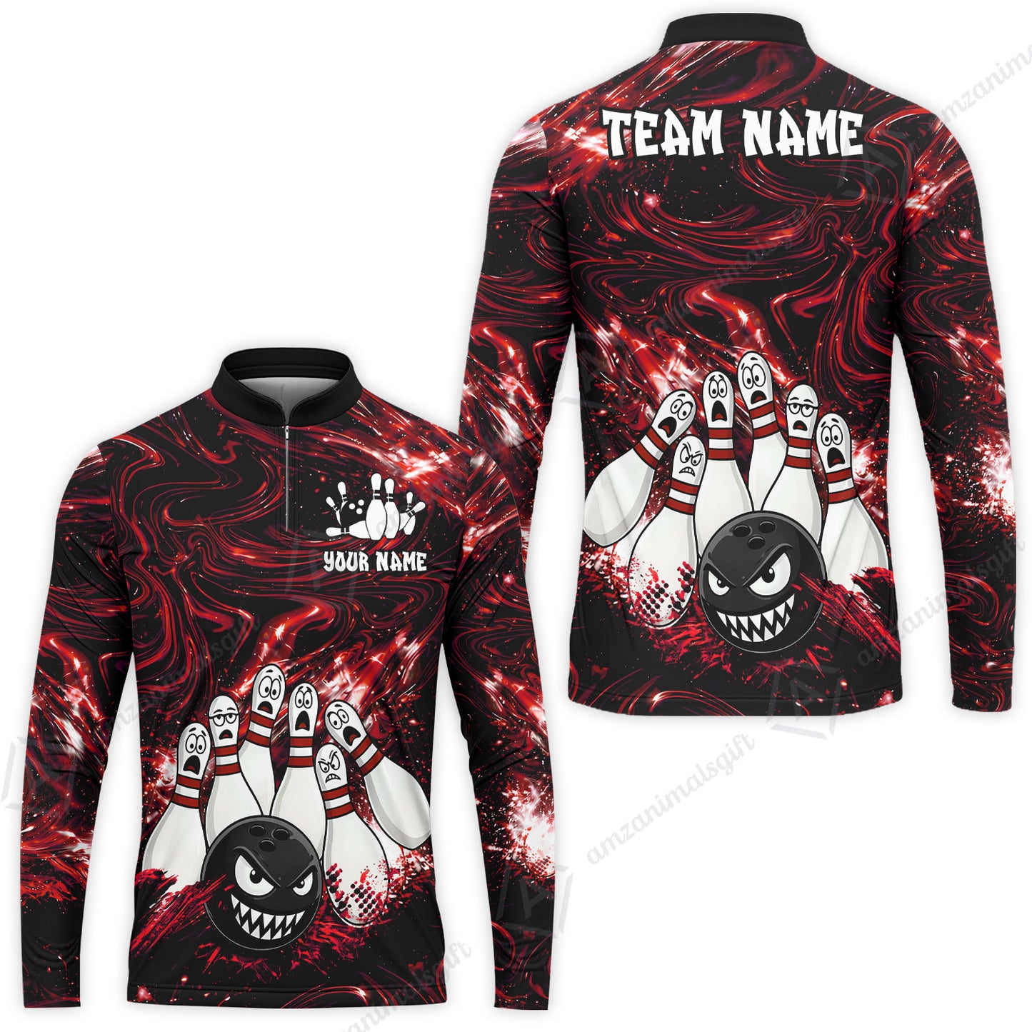 Customized Bowling Unisex Polo Shirt, Bowling Angry Ball VS Screaming Pins, Personalized Name And Team Name