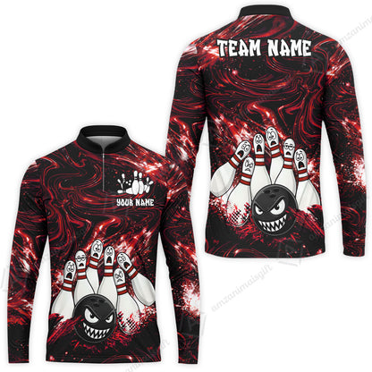 Customized Bowling Unisex Polo Shirt, Bowling Angry Ball VS Screaming Pins, Personalized Name And Team Name