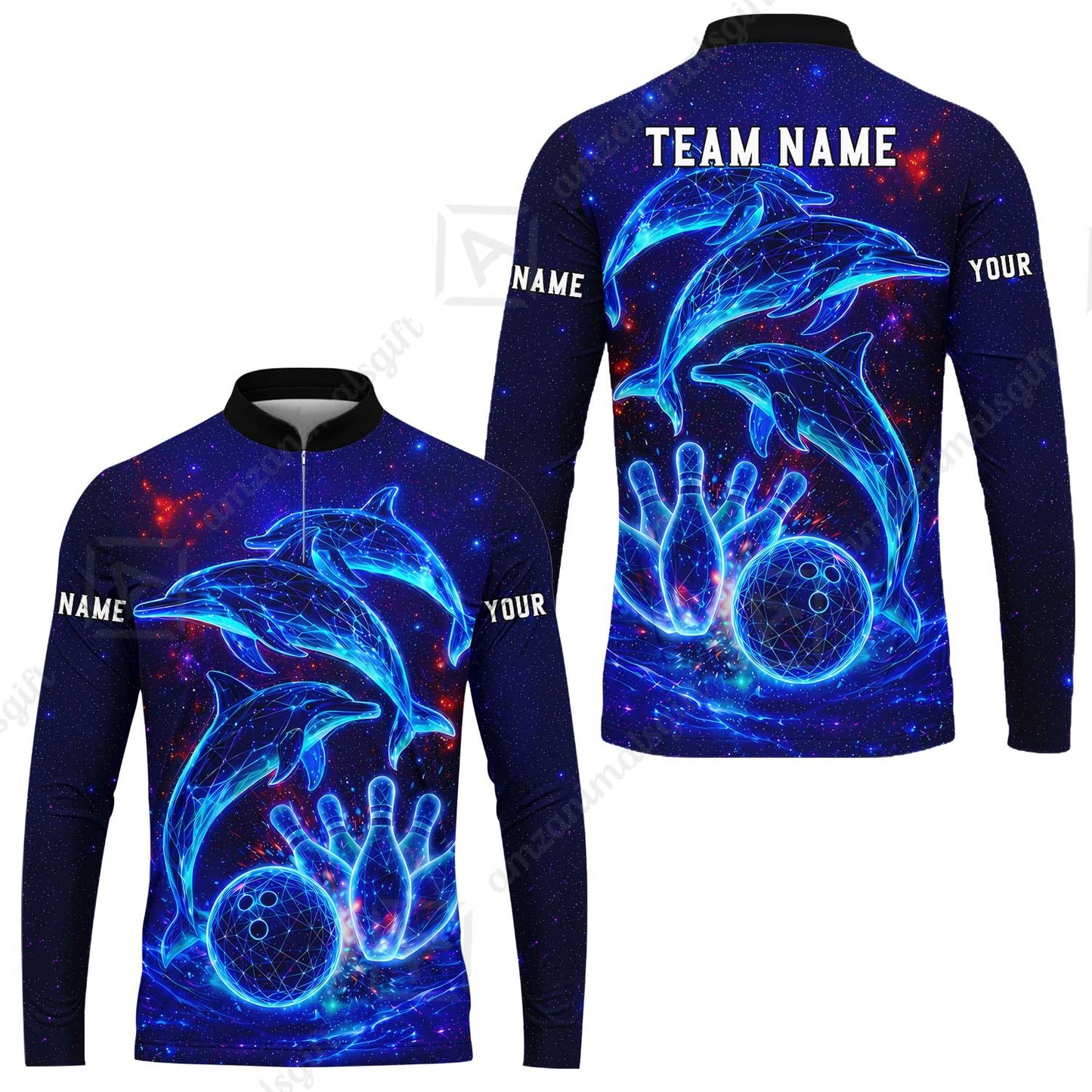 Customized Bowling Shirt, Cosmic Dolphin, Personalized Polo Shirt For Players With Name & Team Name