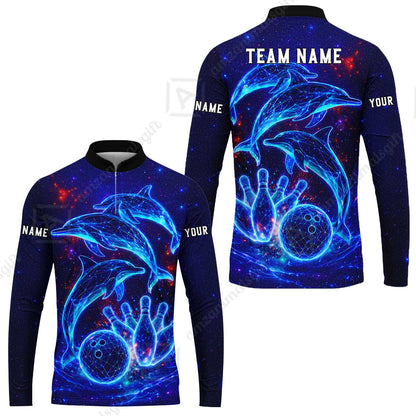 Customized Bowling Shirt, Cosmic Dolphin, Personalized Polo Shirt For Players With Name & Team Name