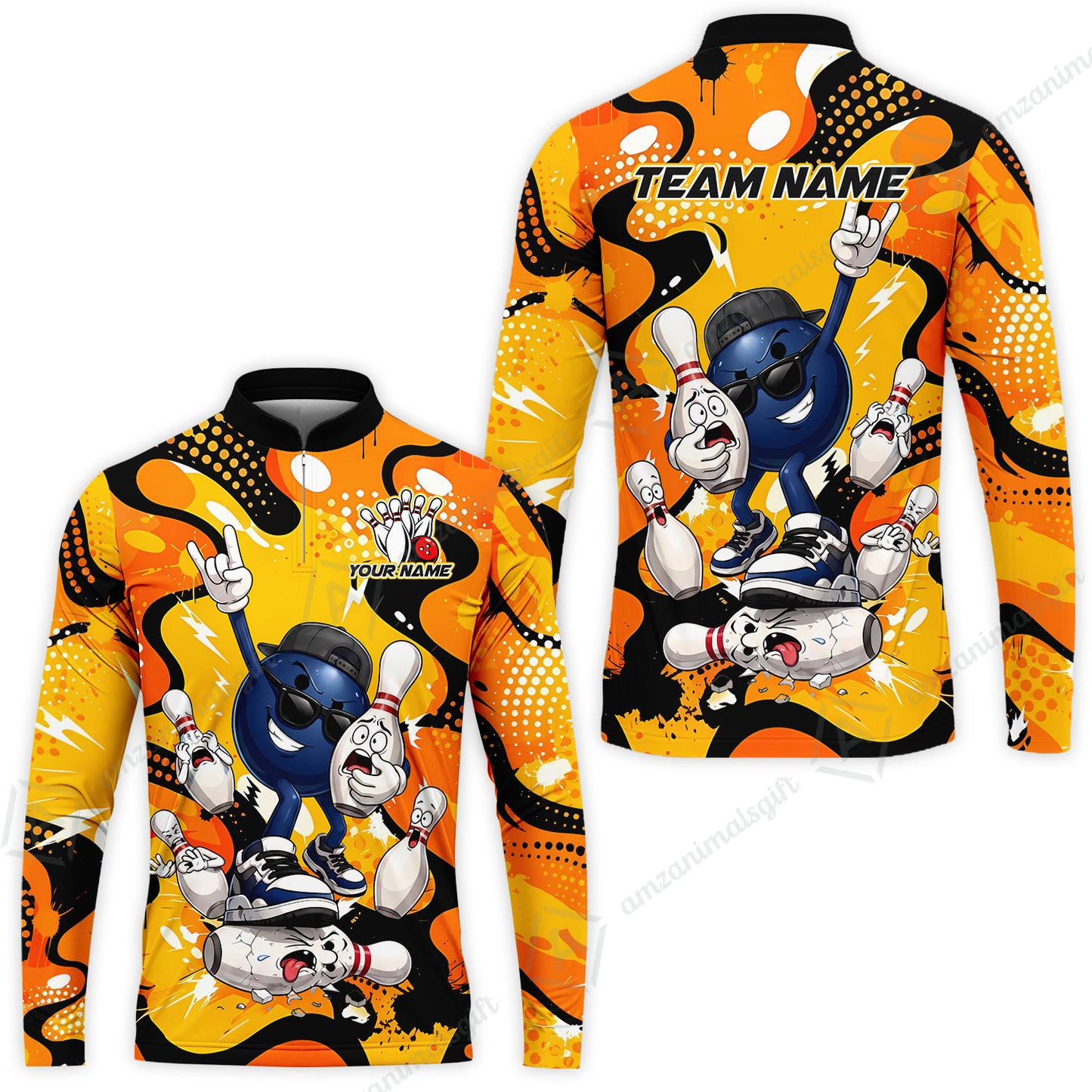 Custom Bowling Jersey Polo Shirt, Bowling Comic Book Art Orange Dot Flat Design, Personalize Name and Team Name