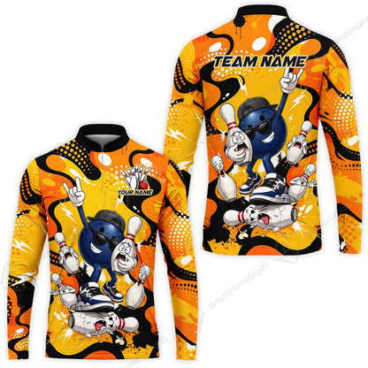 Custom Bowling Jersey Polo Shirt, Bowling Comic Book Art Orange Dot Flat Design, Personalize Name and Team Name