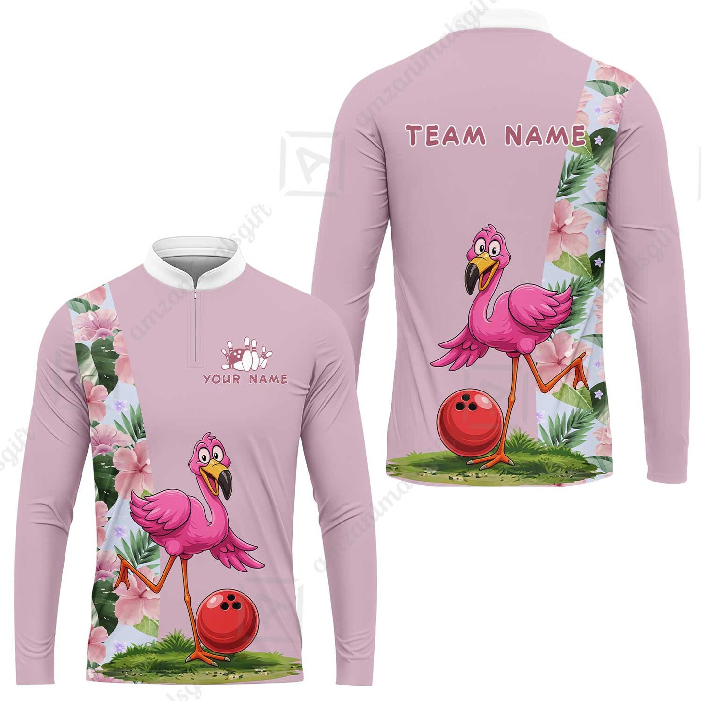Custom Bowling Jersey Polo Shirt, Tropical Pink Flamingo Floral, Custom Bowling Jersey Team Shirt For Players With Name and Team Name