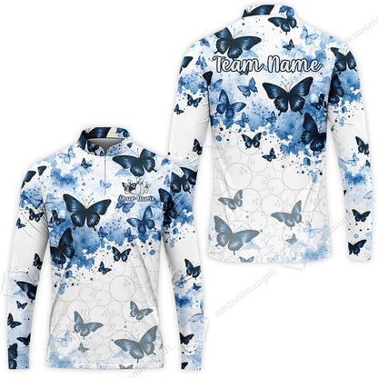 Custom Bowling Jersey Polo Shirt, Blue Watercolor Butterfly Bloom, Custom Bowling Jersey Team Shirt For Players With Name and Team Name