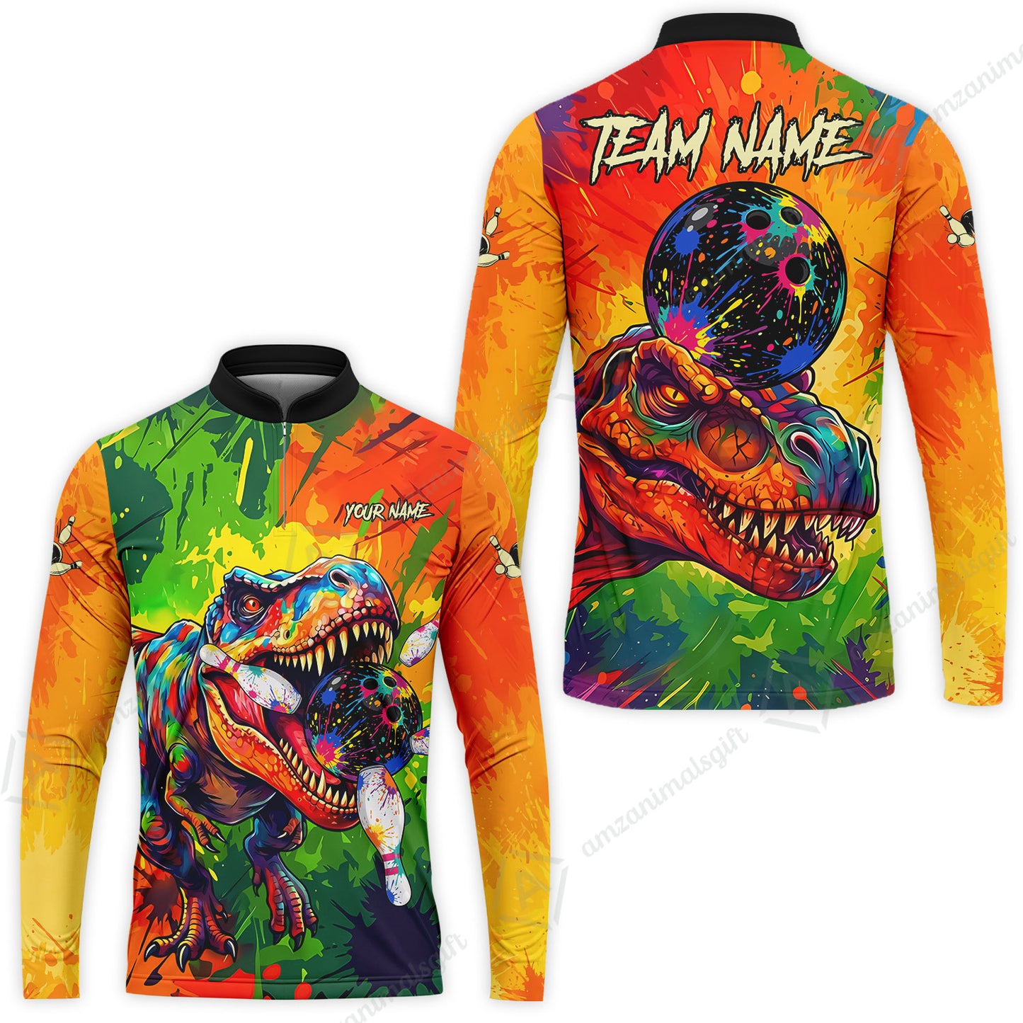 Custom Bowling Jersey Polo Shirt, Colorful Splatter T-Rex Dino, Custom Bowling Jersey Team Shirt For Players With Name and Team Name