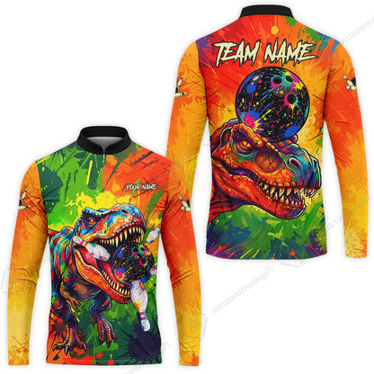 Custom Bowling Jersey Polo Shirt, Colorful Splatter T-Rex Dino, Custom Bowling Jersey Team Shirt For Players With Name and Team Name