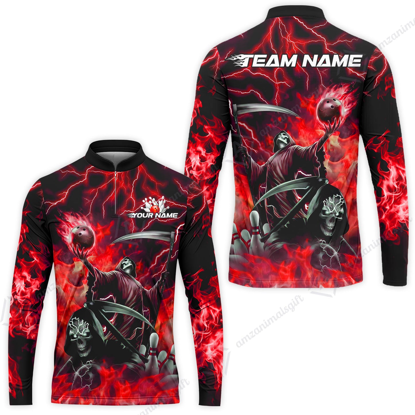 Custom Bowling Team Quarter-Zip Polo Shirt, Grim Reaper Skull With Flame Bowling Lightning Design for Bowlers, Personalized Shirt with Name and Team Name