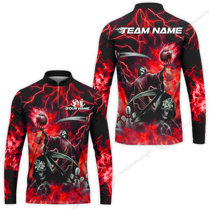 Custom Bowling Team Quarter-Zip Polo Shirt, Grim Reaper Skull With Flame Bowling Lightning Design for Bowlers, Personalized Shirt with Name and Team Name