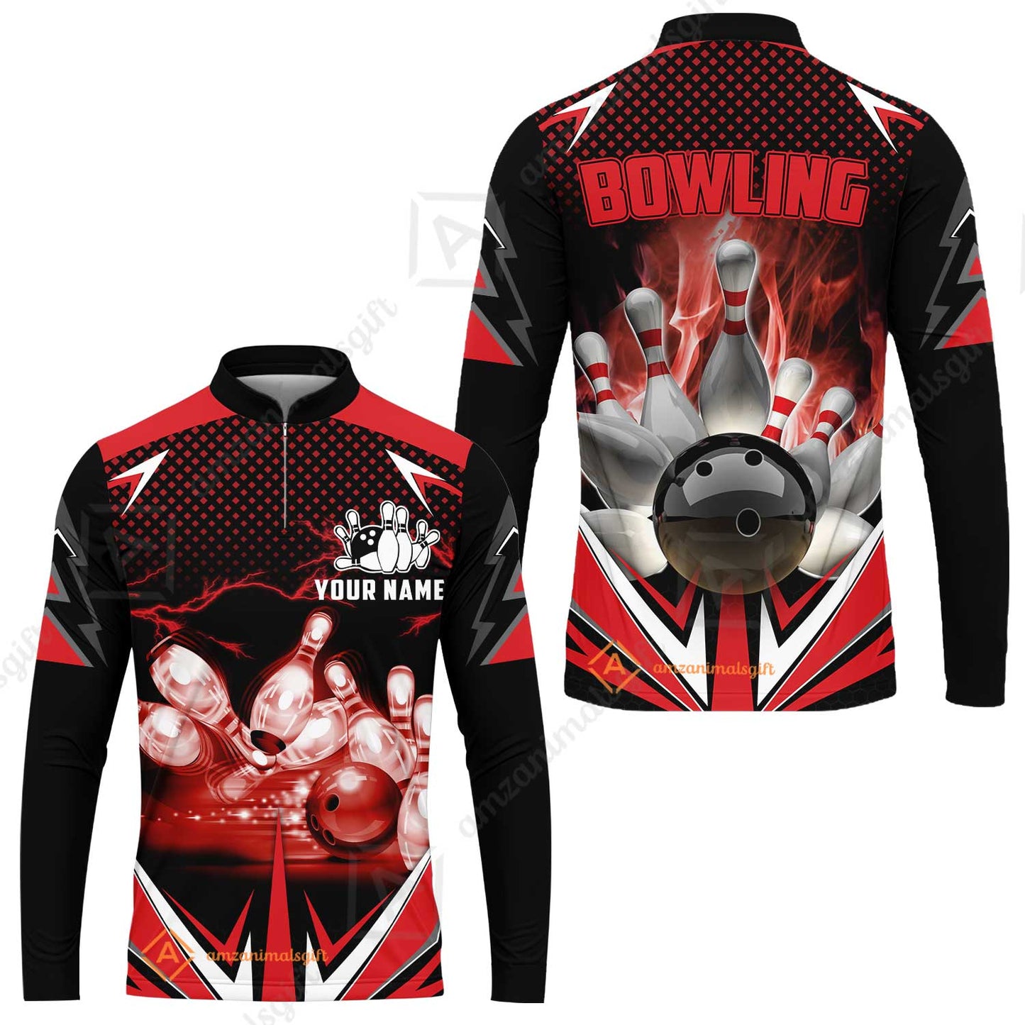 Customized Bowling Red Fire Polo Shirt For Bowling Players, Bowling Team Uniform Shirts, Gift For Men, Bowling Lovers, Bowlers